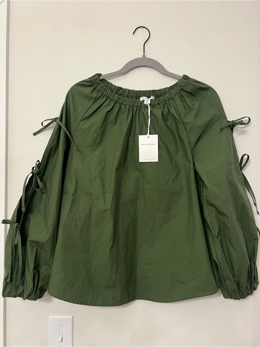 Women's Olive Off-Shoulder Peasant Blouse with Tie Sleeves